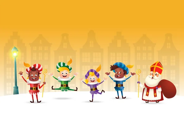 Sinterklaas Saint Nicolas Ses Compagnons Célèbrent Les Vacances Hiver Jaune — Image vectorielle