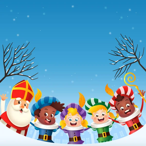 Sinterklaas Saint Nicholas Friends Girls Boys Celebrate Holidays Winter Night — Stock Vector
