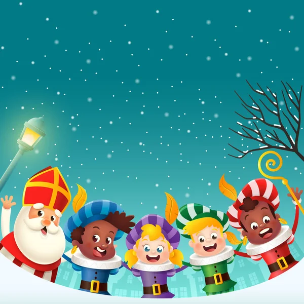 Sinterklaas Saint Nicholas Friends Girls Boys Celebrate Winter Holidays Winter — Stock Vector