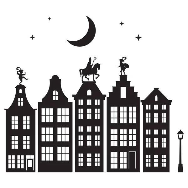 Célébration Vacances Néerlandaises Saint Nicolas Sinterklaas Vient Ville Nuit Silhouette — Image vectorielle