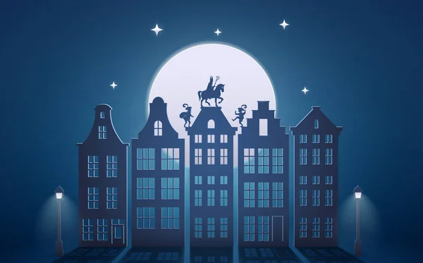 Célébration Vacances Néerlandaises Saint Nicolas Sinterklaas Vient Ville Nuit Papier — Image vectorielle