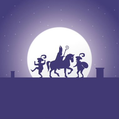 Sinterklaas Günü konsepti - ay arka planında siluet - tatil illüstrasyonu