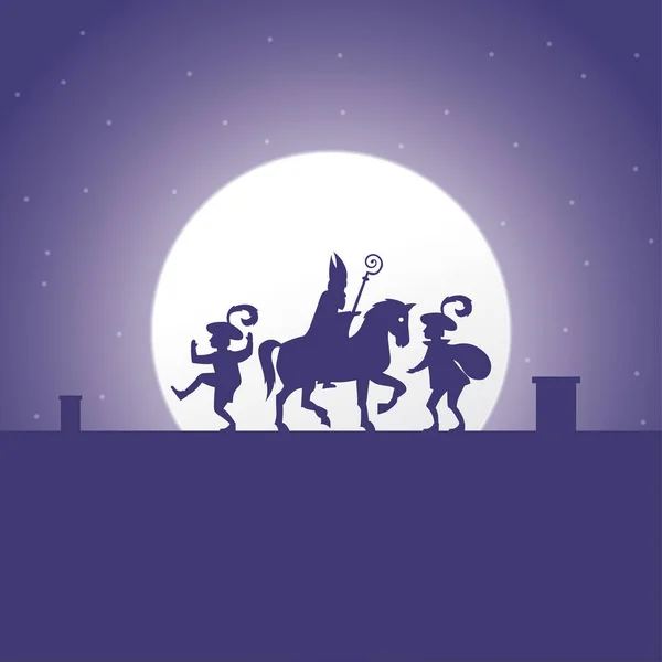 Sinterklaas Dag Concept Silhouet Maanachtergrond Vakantie Illustratie — Stockvector