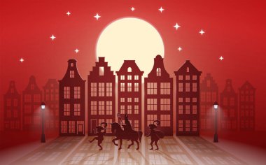 Hollanda bayramlarını kutluyoruz - Aziz Nicholas veya Sinterklaas gece şehre geliyor - kırmızı kağıt sanat grafiği