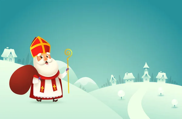 Froher Nikolaustag Winterszene Grußkarte Oder Banner Auf Türkisfarbenem Hintergrund — Stockvektor