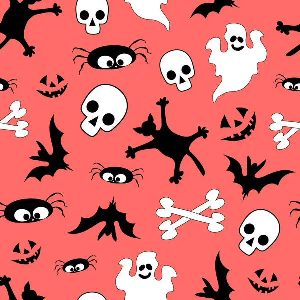 Seamless Pattern Black Cats Spiders Skulls Other Elements Red Background — Stock Vector