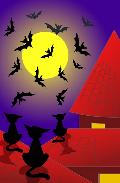 Halloween Noc Czarne Koty Siedzieć Dachach Pod Księżycem Oglądać Nietoperze — Wektor stockowy