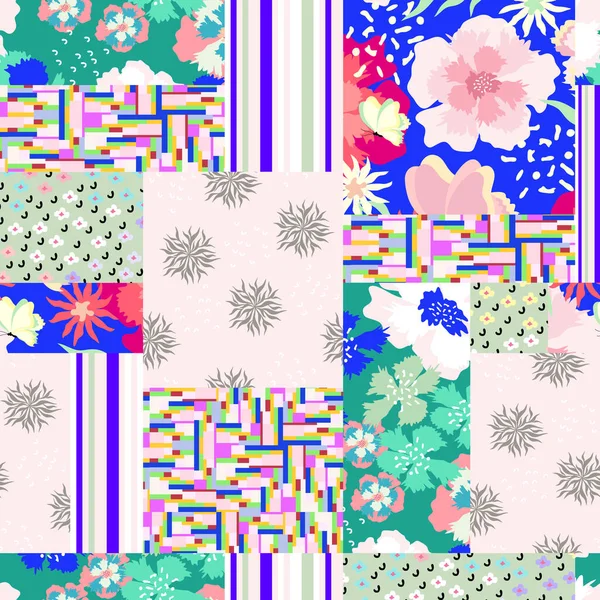 Hedendaagse Naadloze Achtergrond Met Bloemen Stippen Strepen Patroon Van Patchwork — Stockvector