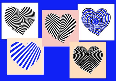 Optik illüzyonlarla grafiksel tasarım. Farklı arka planlarda soyut izole edilmiş, çizgili kalp koleksiyonu. Kumaş, kıyafet, moda tasarımı, ev dekorasyonu için desenler. Vektör.