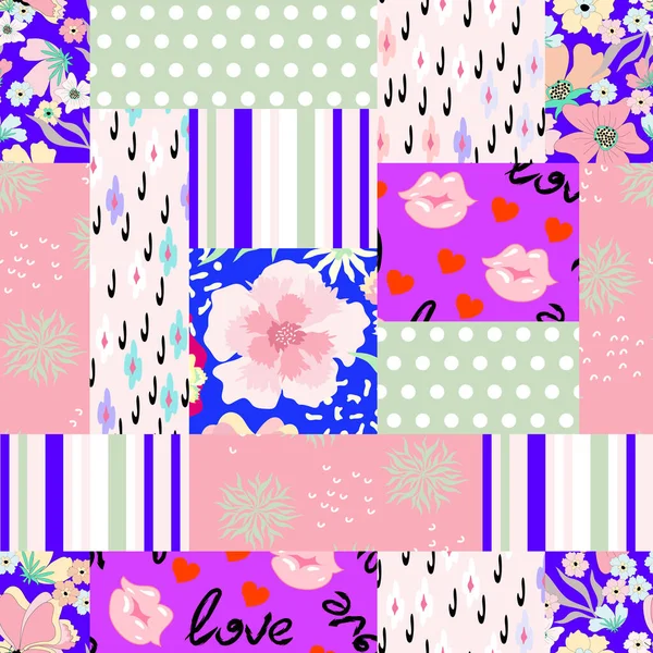 Modern Seamless Background Flowers Polka Dots Stripes Hearts Funny Pink — Stock Vector