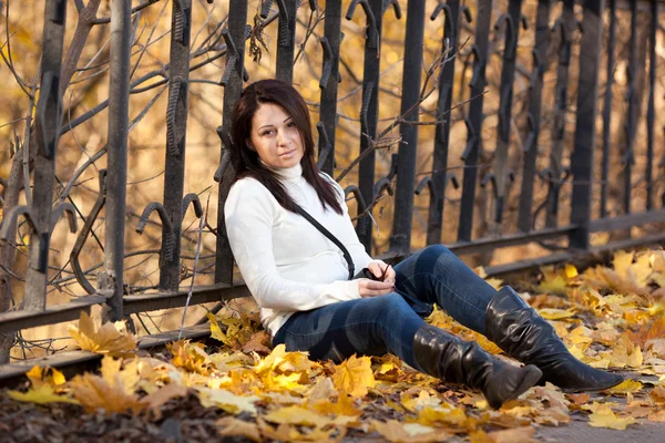 Chica de moda en el parque de otoño — Foto de Stock