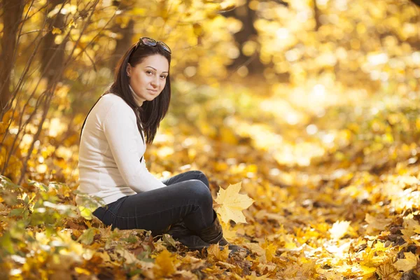 Chica de moda en madera de otoño — Foto de Stock