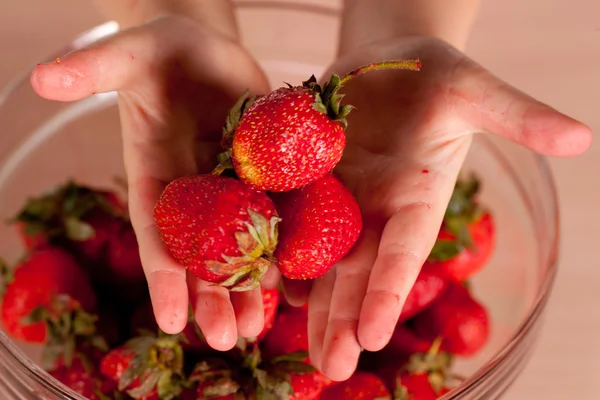 Hands with fresh strawberries — Stock Photo, Image