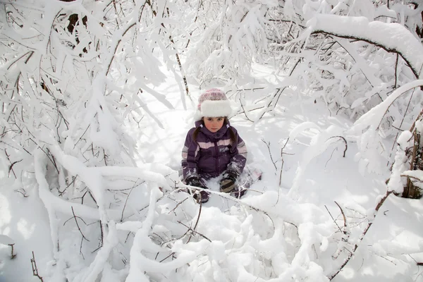 Maravilloso niño en los bosques nevados — Foto de Stock