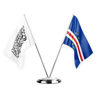 Beyaz arka planda izole edilmiş iki masa bayrakları. 3D illüstrasyon, Afganistan ve Cape Verde.