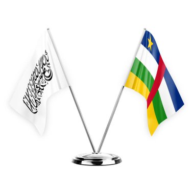 Beyaz arka planda izole edilmiş iki masa bayrağı. 3 boyutlu illüstrasyon, Afganistan ve Orta Afrika Cumhuriyeti.