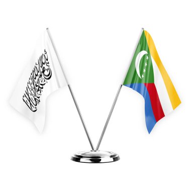 Beyaz arka planda izole edilmiş iki masa bayrağı. 3D illüstrasyon, Afganistan ve komorolar.