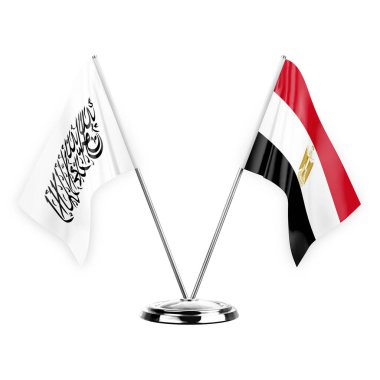 Beyaz arka planda izole edilmiş iki masa bayrakları. 3 boyutlu illüstrasyon, Afganistan ve Mısır.