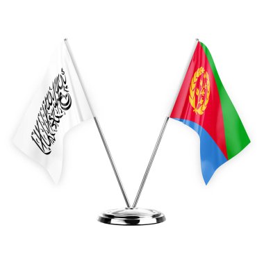 Beyaz arka planda izole edilmiş iki masa bayrağı. 3 boyutlu illüstrasyon, Afganistan ve eritrea.