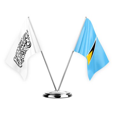 Two table flags isolated on white background 3d illustration, afghanistan and saint lucia