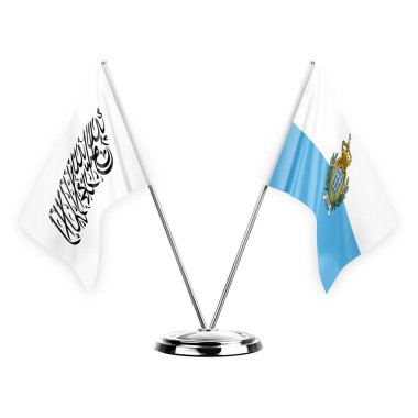 Two table flags isolated on white background 3d illustration, afghanistan and san marino