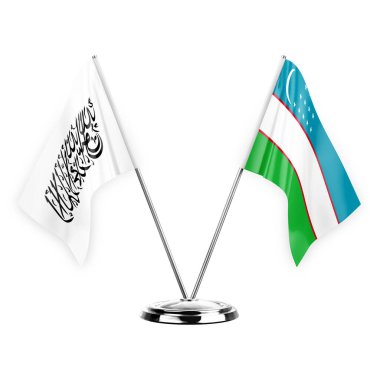 Two table flags isolated on white background 3d illustration, afghanistan and uzbekistan