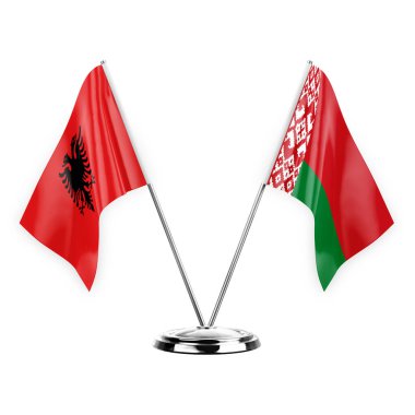Two table flags isolated on white background 3d illustration, albenia and belarus
