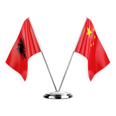 Two table flags isolated on white background 3d illustration, albenia and china