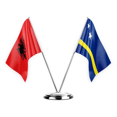 Two table flags isolated on white background 3d illustration, albenia and curacao