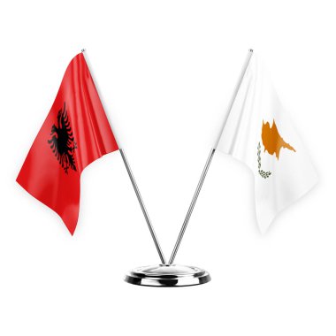 Two table flags isolated on white background 3d illustration, albenia and cyprus