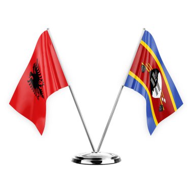Two table flags isolated on white background 3d illustration, albenia and eswatini