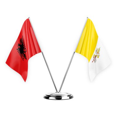 Two table flags isolated on white background 3d illustration, albenia and holy see