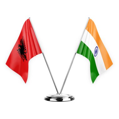 Two table flags isolated on white background 3d illustration, albenia and india
