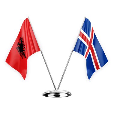Two table flags isolated on white background 3d illustration, albenia and iceland