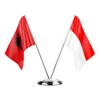 Two table flags isolated on white background 3d illustration, albenia and indonesia