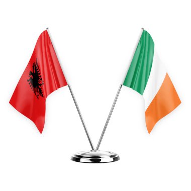 Two table flags isolated on white background 3d illustration, albenia and ireland