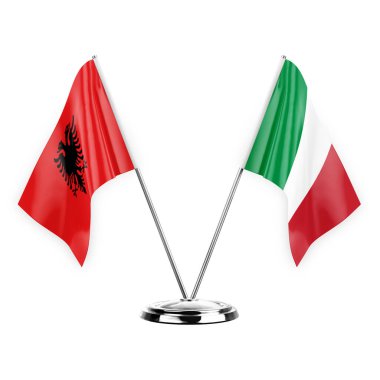 Two table flags isolated on white background 3d illustration, albenia and italy
