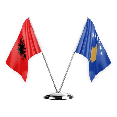 Two table flags isolated on white background 3d illustration, albenia and kosovo