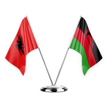 Two table flags isolated on white background 3d illustration, albenia and malawi