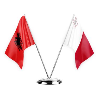 Two table flags isolated on white background 3d illustration, albenia and malta