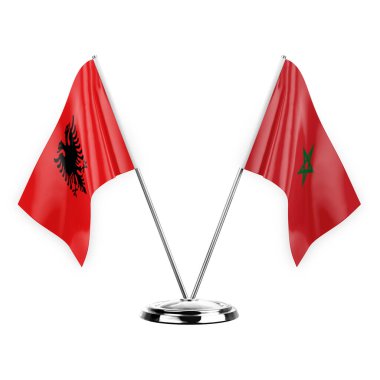 Two table flags isolated on white background 3d illustration, albenia and morocco