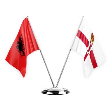 Two table flags isolated on white background 3d illustration, albenia and ireland