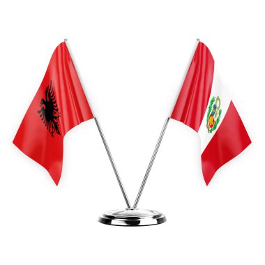 Two table flags isolated on white background 3d illustration, albenia and peru