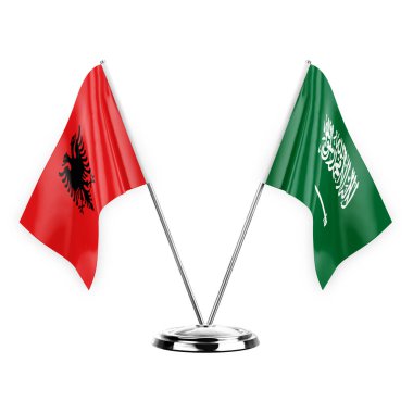 Two table flags isolated on white background 3d illustration, albenia and saudi arabia