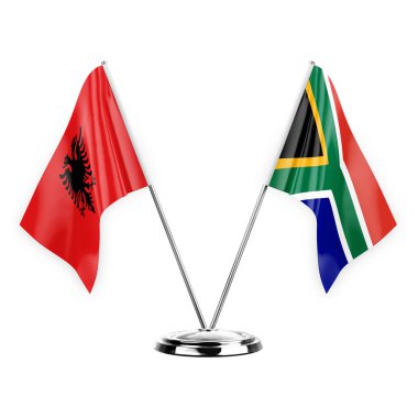 Two table flags isolated on white background 3d illustration, albenia and south africa