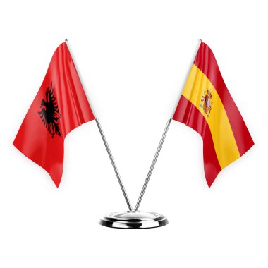Two table flags isolated on white background 3d illustration, albenia and spain