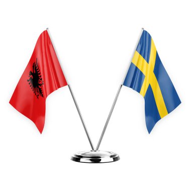 Two table flags isolated on white background 3d illustration, albenia and sweden