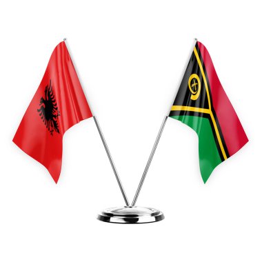 Two table flags isolated on white background 3d illustration, albenia and vanuatu