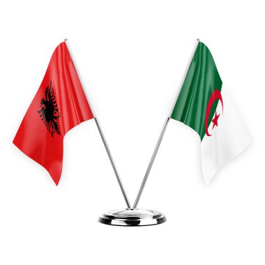 Two table flags isolated on white background 3d illustration, albenia and algeria