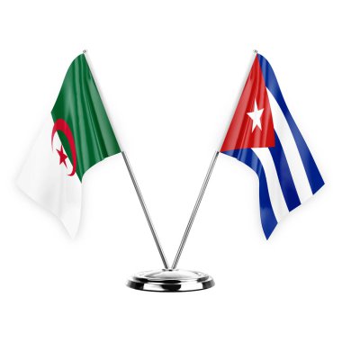 Two table flags isolated on white background 3d illustration, algeria and cuba